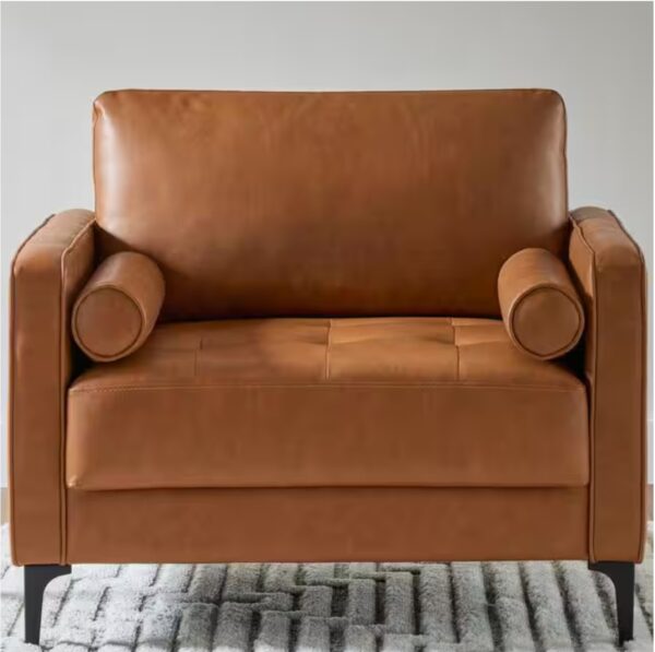 Goodwin Faux Leather Large Arm Chair in Caramel Brown with Bolster Pillows