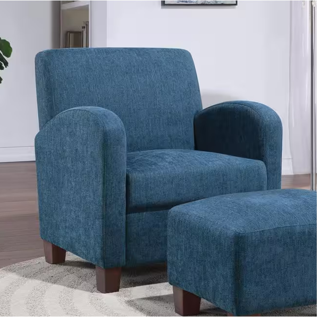 Aiden Chair and Ottoman Herringbone Navy with Medium Espresso Legs